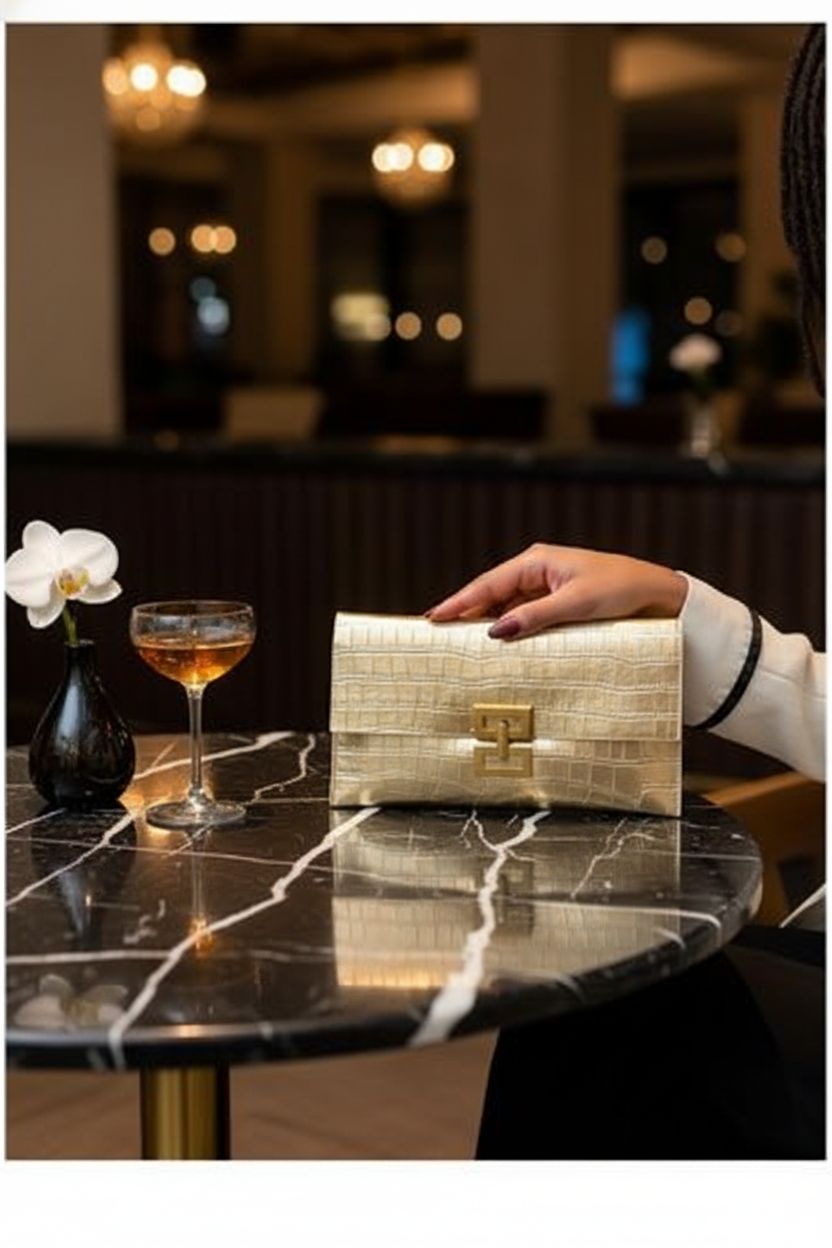 Verdusa gold clutch resting on polished marble, enhancing the ambiance of a chic lounge bar.