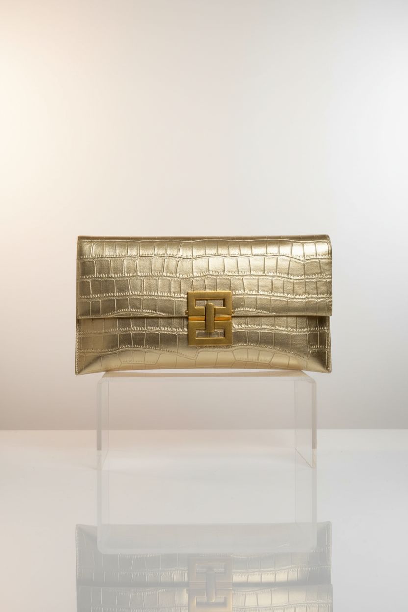 Close-up of Verdusa gold clutch showcasing its sophisticated design and quality craftsmanship.
