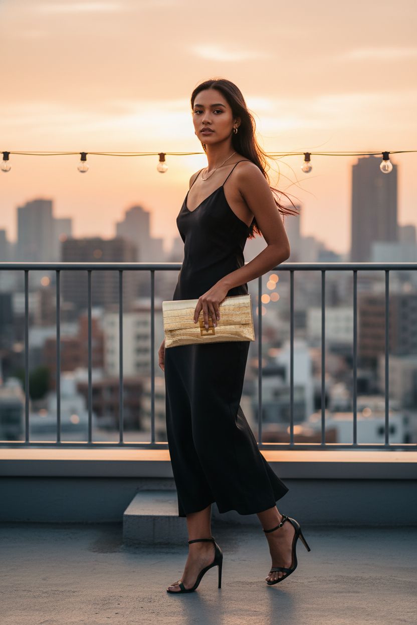 Verdusa gold clutch shining against a stunning rooftop sunset, perfect for evening events.