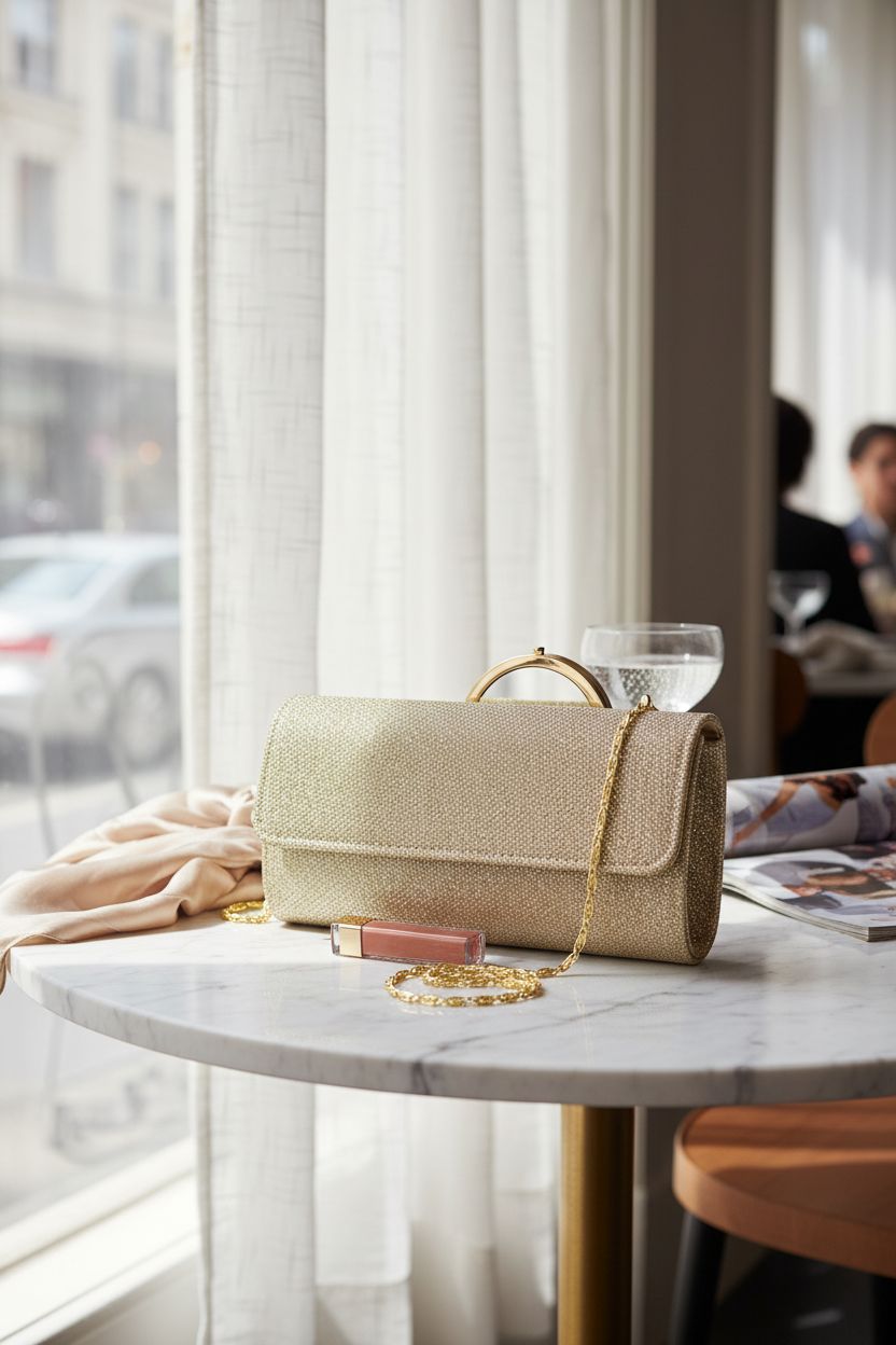 Chic lovyoCoCo gold purse displayed in a stylish cafe, showcasing its elegant design.