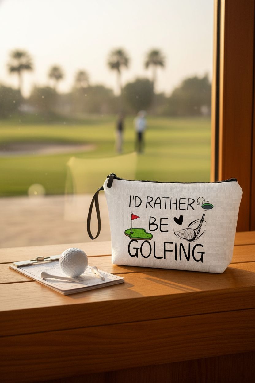 ARIOSEY golf purse resting on a wooden bench in a cozy clubhouse, surrounded by golf accessories.