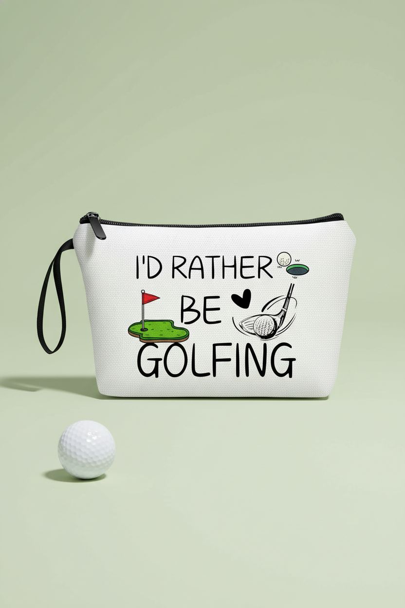 Close-up of ARIOSEY golf purse showcasing its canvas texture, zipper, and clean design on a green backdrop.