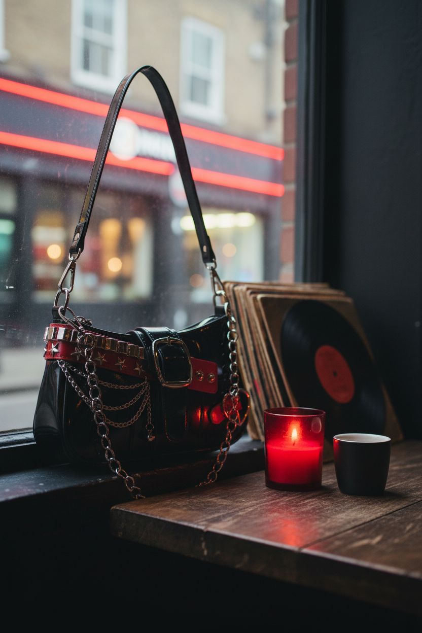 Verdusa goth purse beside a candle and vinyls in a cozy café, highlighting its sleek design and ambiance.