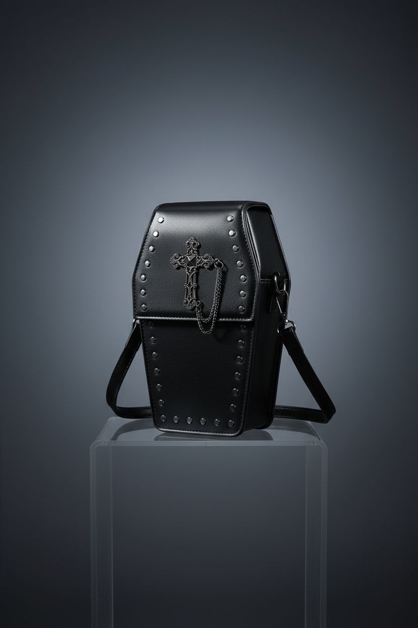 LOTUSTAR coffin-shaped purse on a minimal display, highlighting its elegant design.