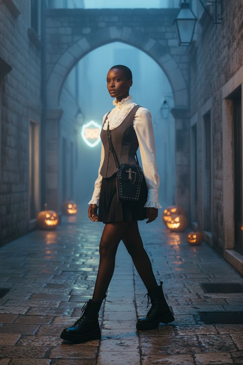 LOTUSTAR Gothic purse with coffin design in a foggy alley, perfect for Halloween.