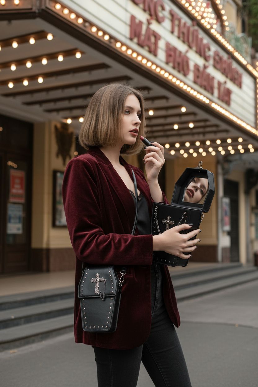 LOTUSTAR Gothic purse opened to reveal mirror, stylish accessory for night outings.