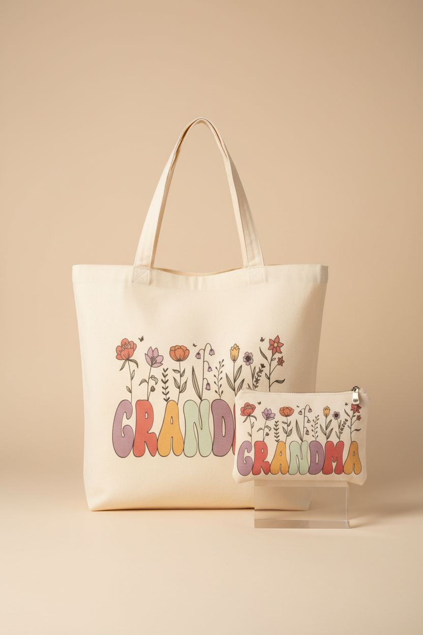 VADOO canvas tote bag with small pouch on a neutral backdrop, highlighting its design and quality.