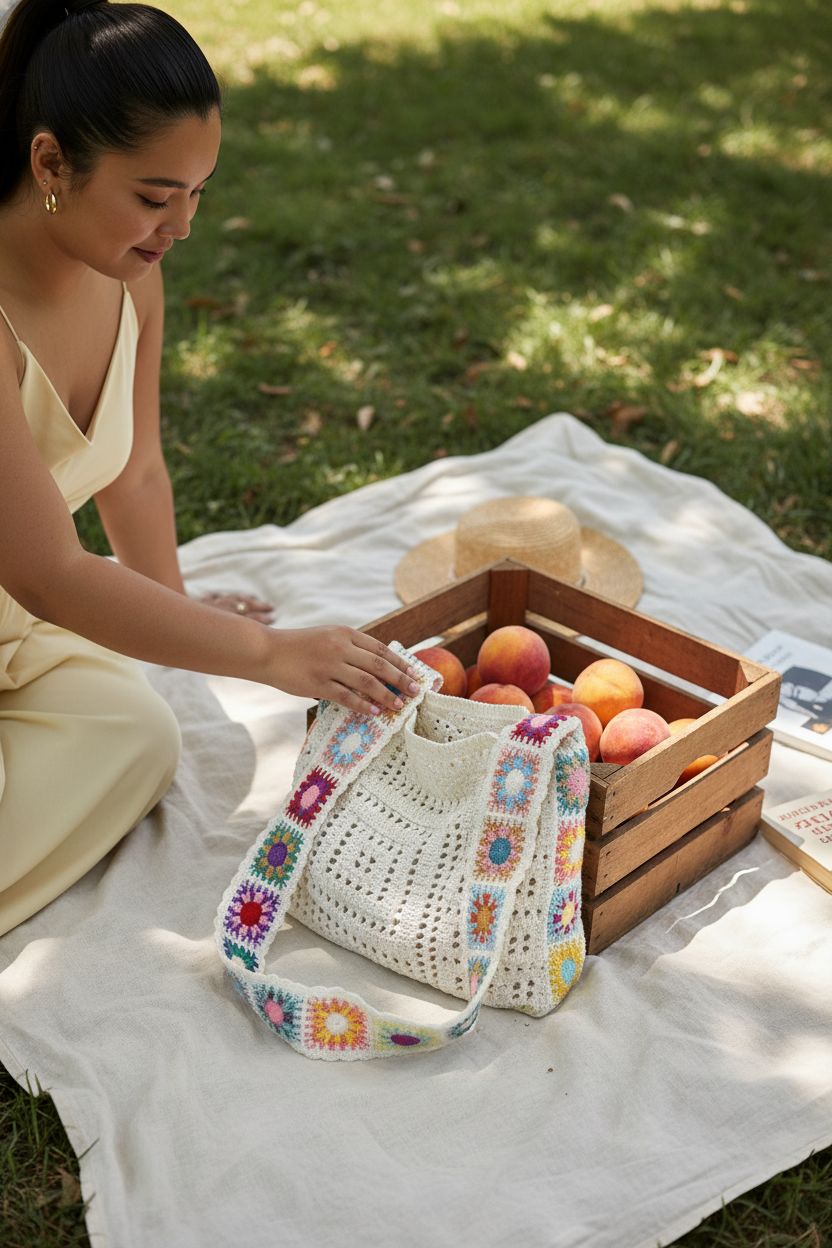 QWINEE crochet granny square bag resting on a picnic blanket in a park