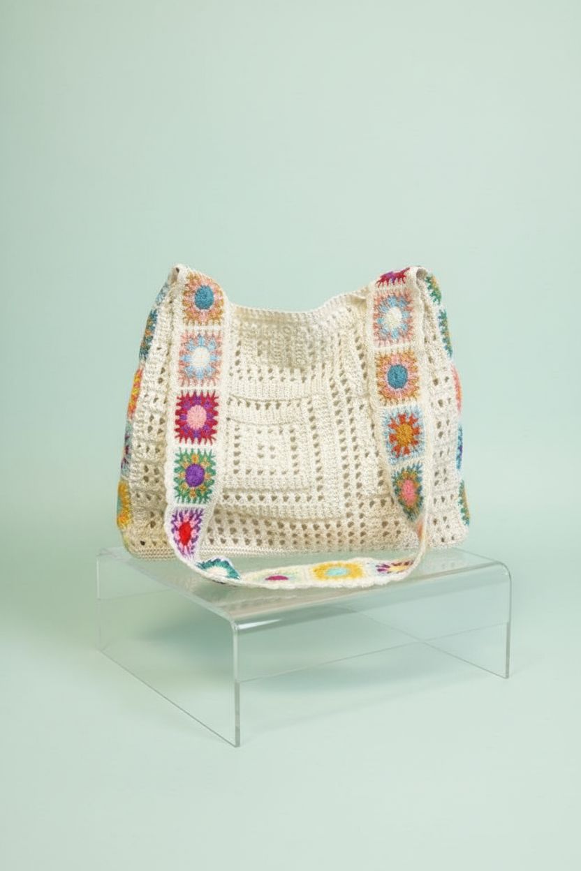 Detailed view of QWINEE beige granny square bag showcasing crochet details