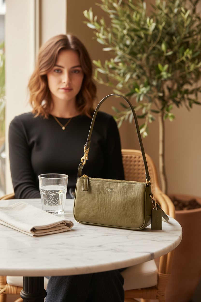 Morning scene with Coach Plaza Bag 18 beside sparkling water, highlighting its elegant silhouette