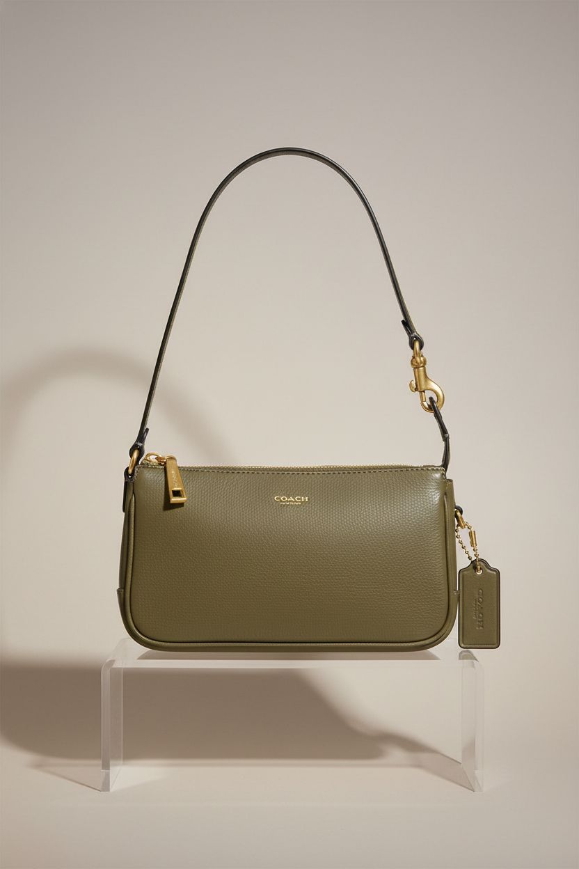 Close-up of Coach Plaza Bag 18 in olive green, showcasing premium leather and gold hardware