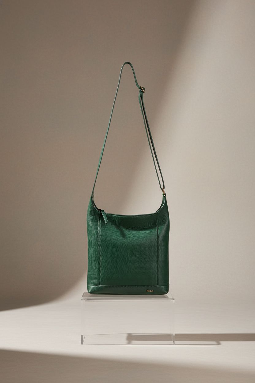 The Sak green leather crossbody purse displayed on a clean studio backdrop.