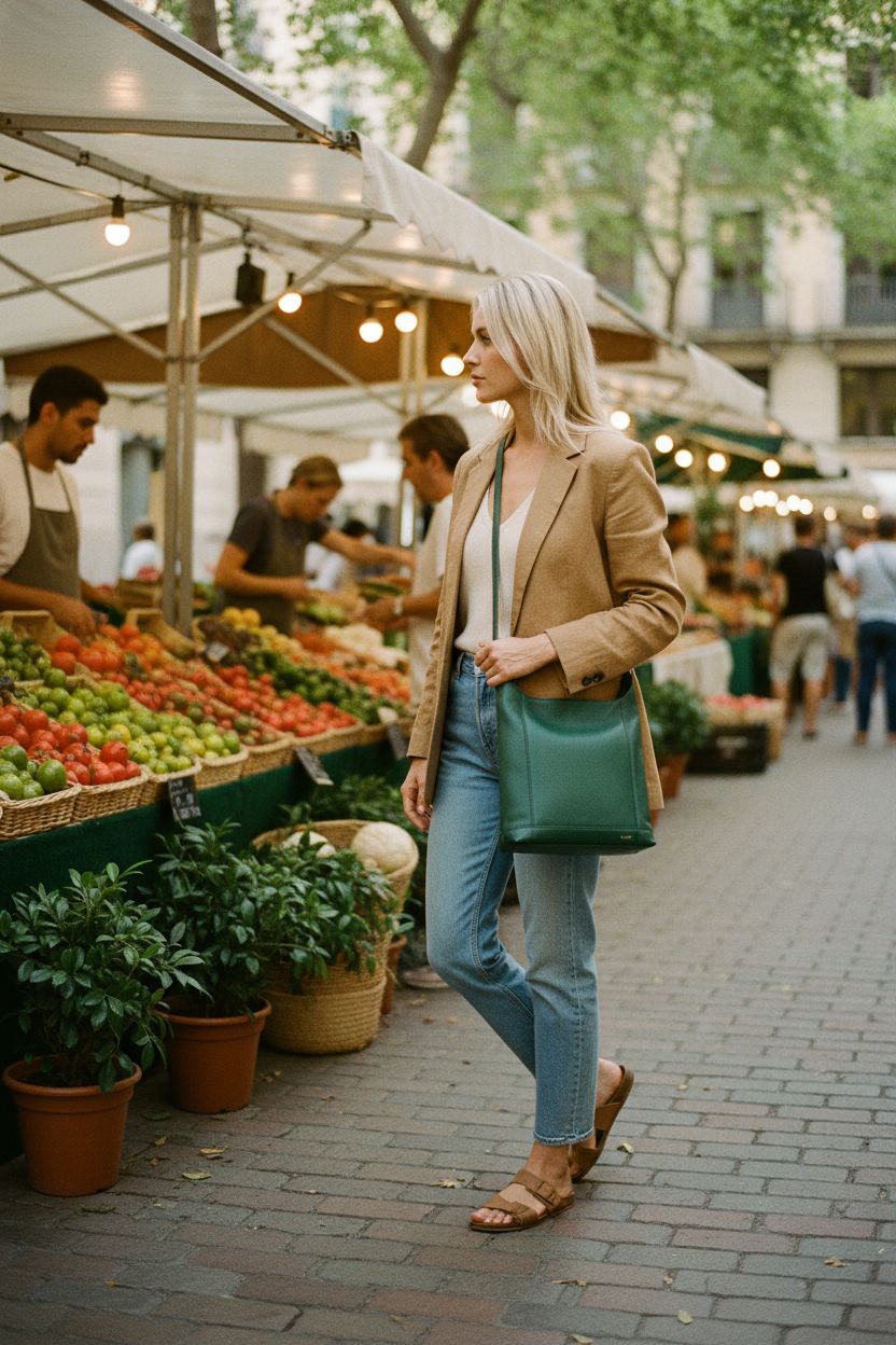 The Sak green leather purse being carried at a vibrant farmers market.