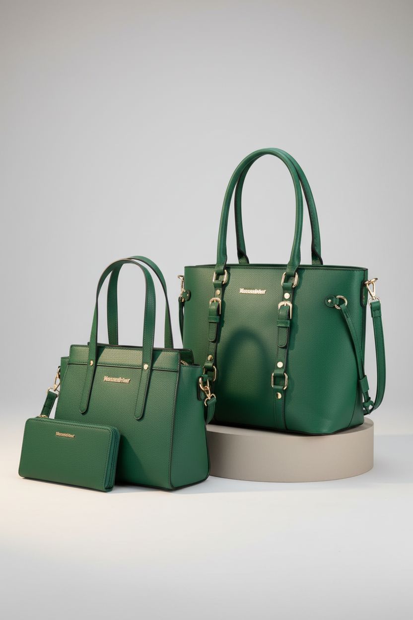 Montana West green leather tote, medium satchel, and wallet showcased elegantly