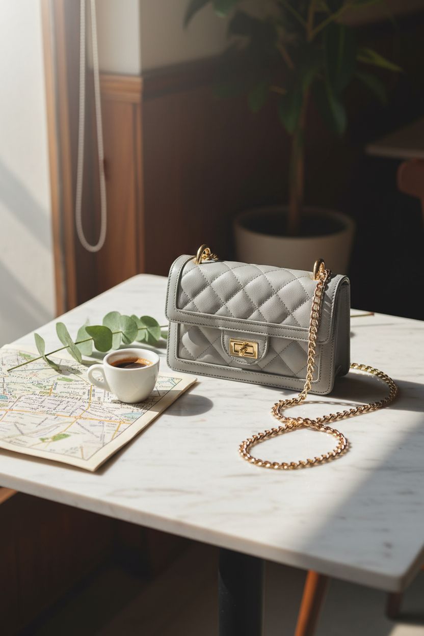 SG SUGU grey quilted bag on marble table with coffee and map, cozy atmosphere