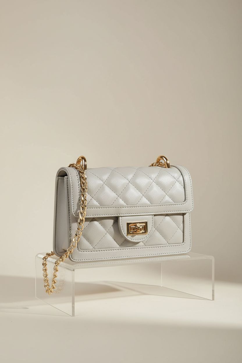 SG SUGU grey quilted crossbody bag with chain detail on seamless backdrop