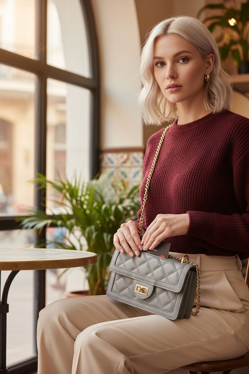 SG SUGU grey quilted crossbody bag on lap, showcasing turn-lock and slip pocket