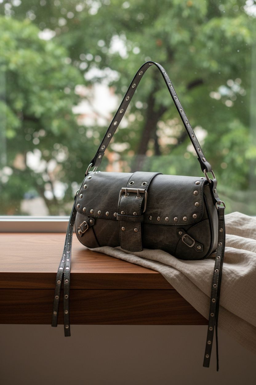 Verdusa grey purse resting on a walnut bench in a cozy loft, highlighting its studded details.
