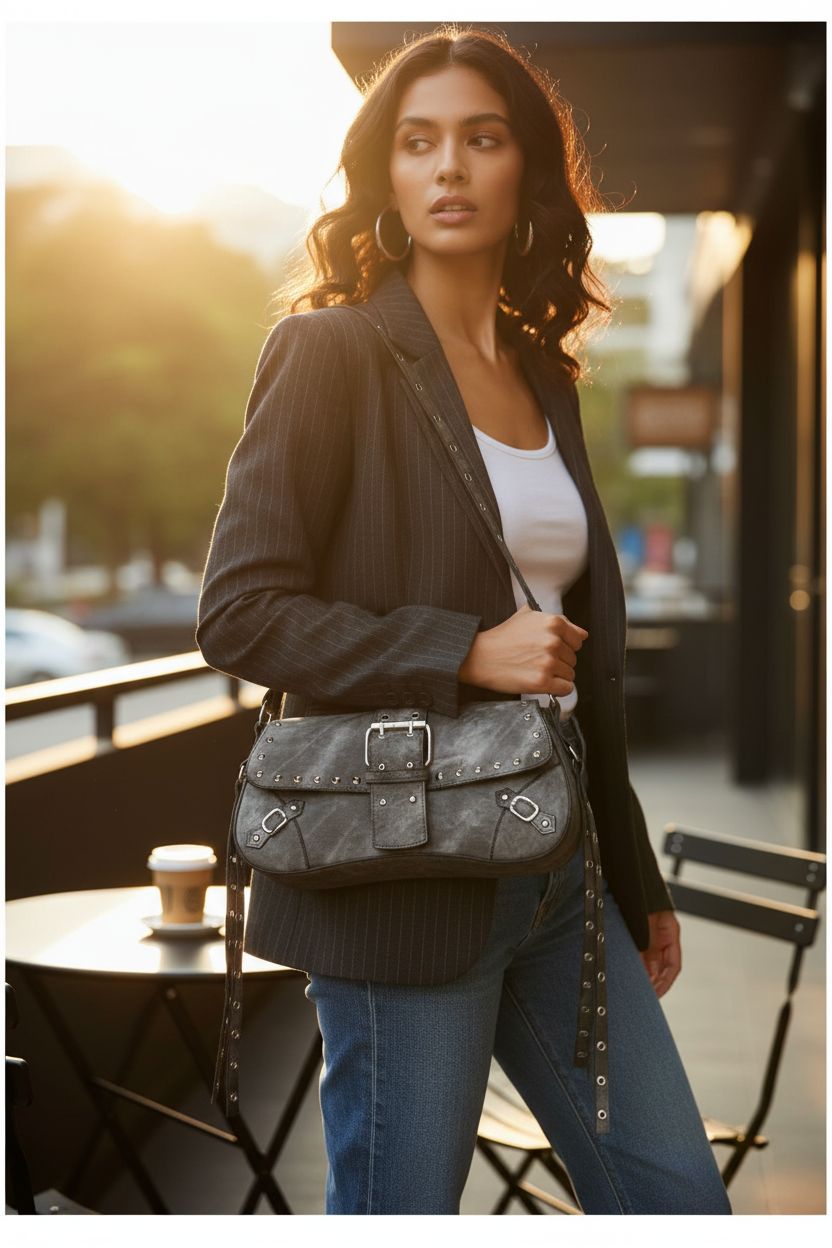 Grey shoulder bag by Verdusa stylishly perched on a model's shoulder in a café setting.