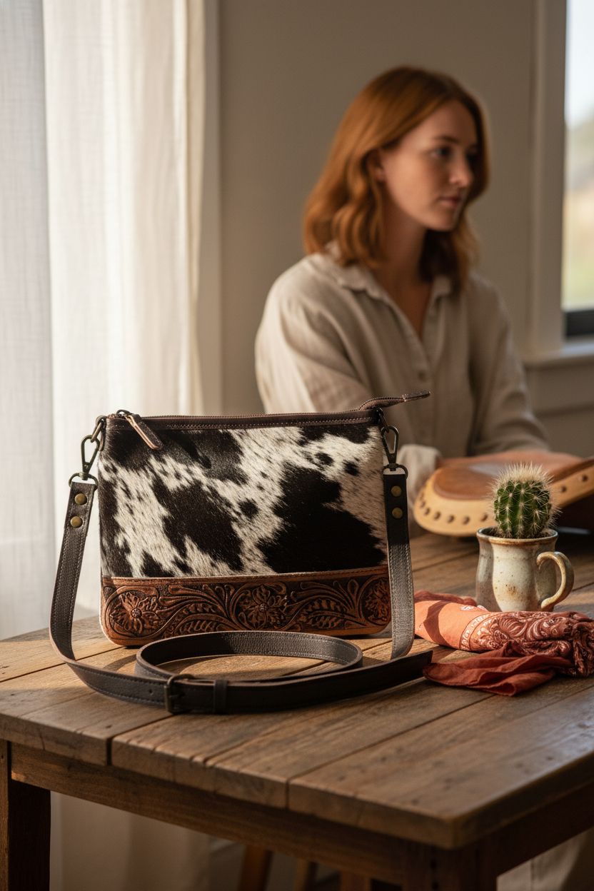 Merbaa hair-on hide purse on a rustic table, showcasing its unique design and casual elegance.