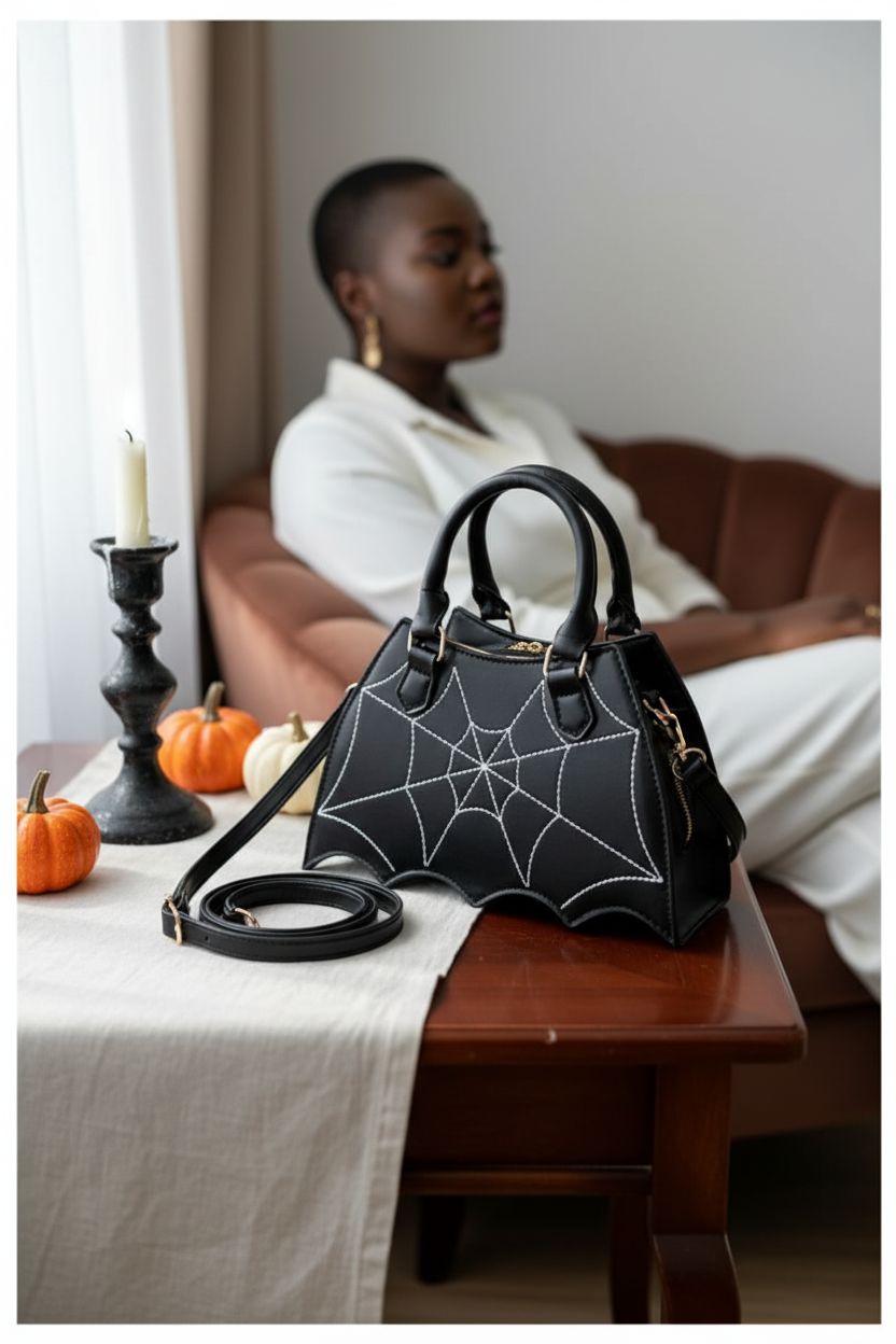 Cozy setting with Canpto Bat Wing Bag on a table, emphasizing its stylish design and Halloween spirit.