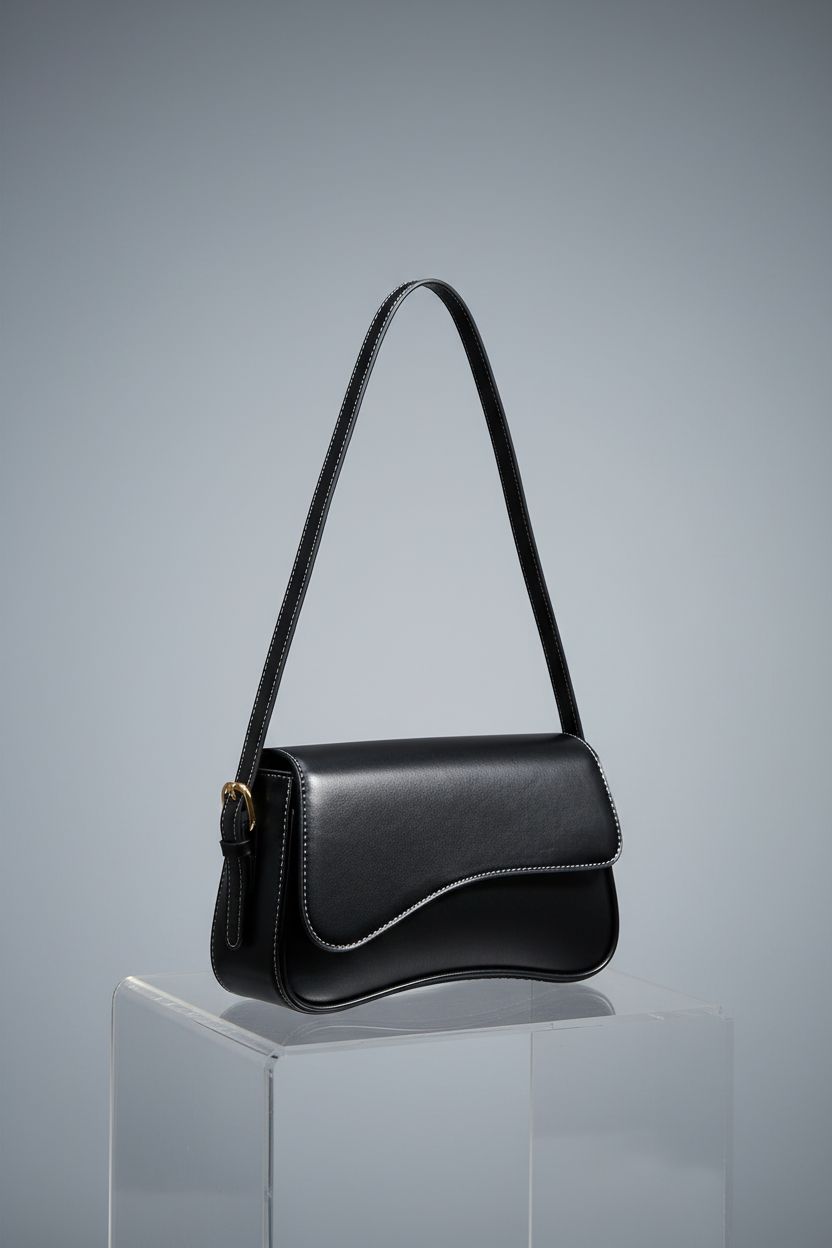 Product shot of Amszke black vegan leather saddle bag showcasing fine details and texture.
