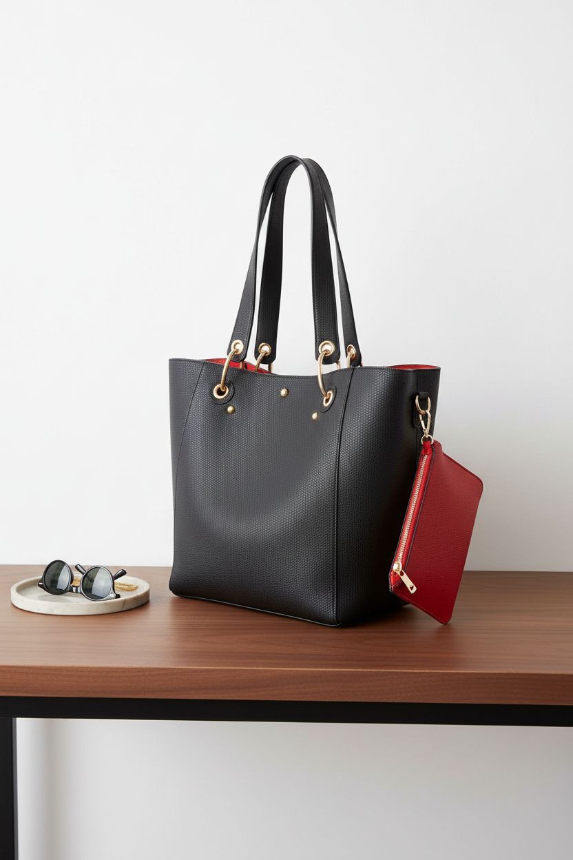 sqlp tote bag displayed in a modern entryway, highlighting its sleek design and pebbled vegan leather.