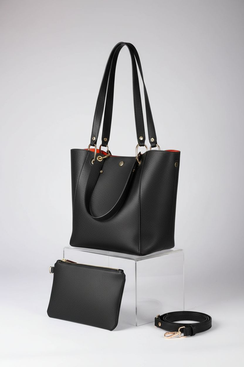 sqlp large work tote bag in black with zip pouch, showcasing premium materials and craftsmanship.