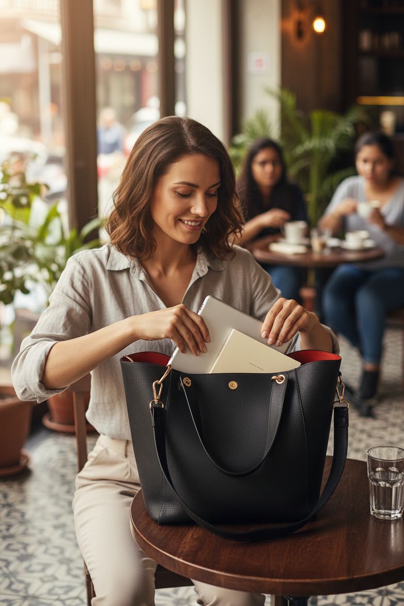 sqlp black tote bag with detachable strap, showcasing red lining and functional design at a café table.