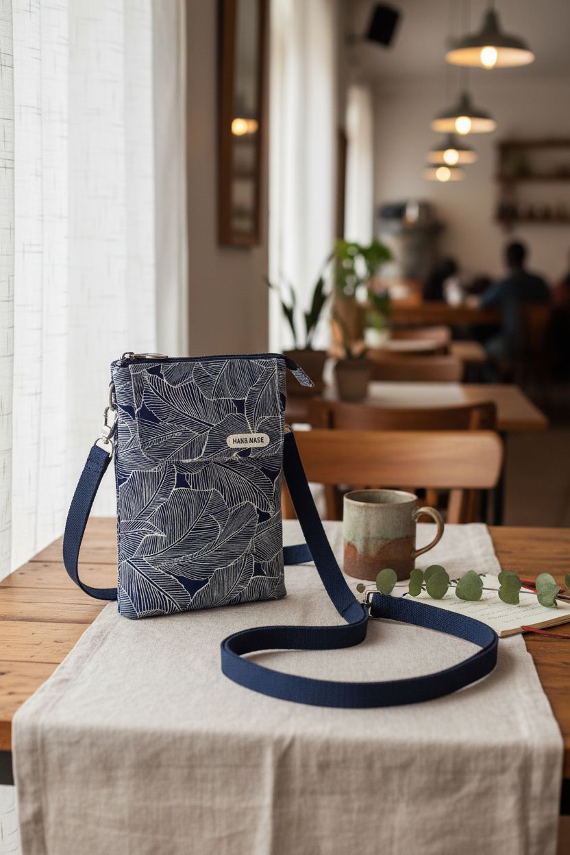 WITERY navy leaf-pattern purse on a cozy café table with a mug and notebook.