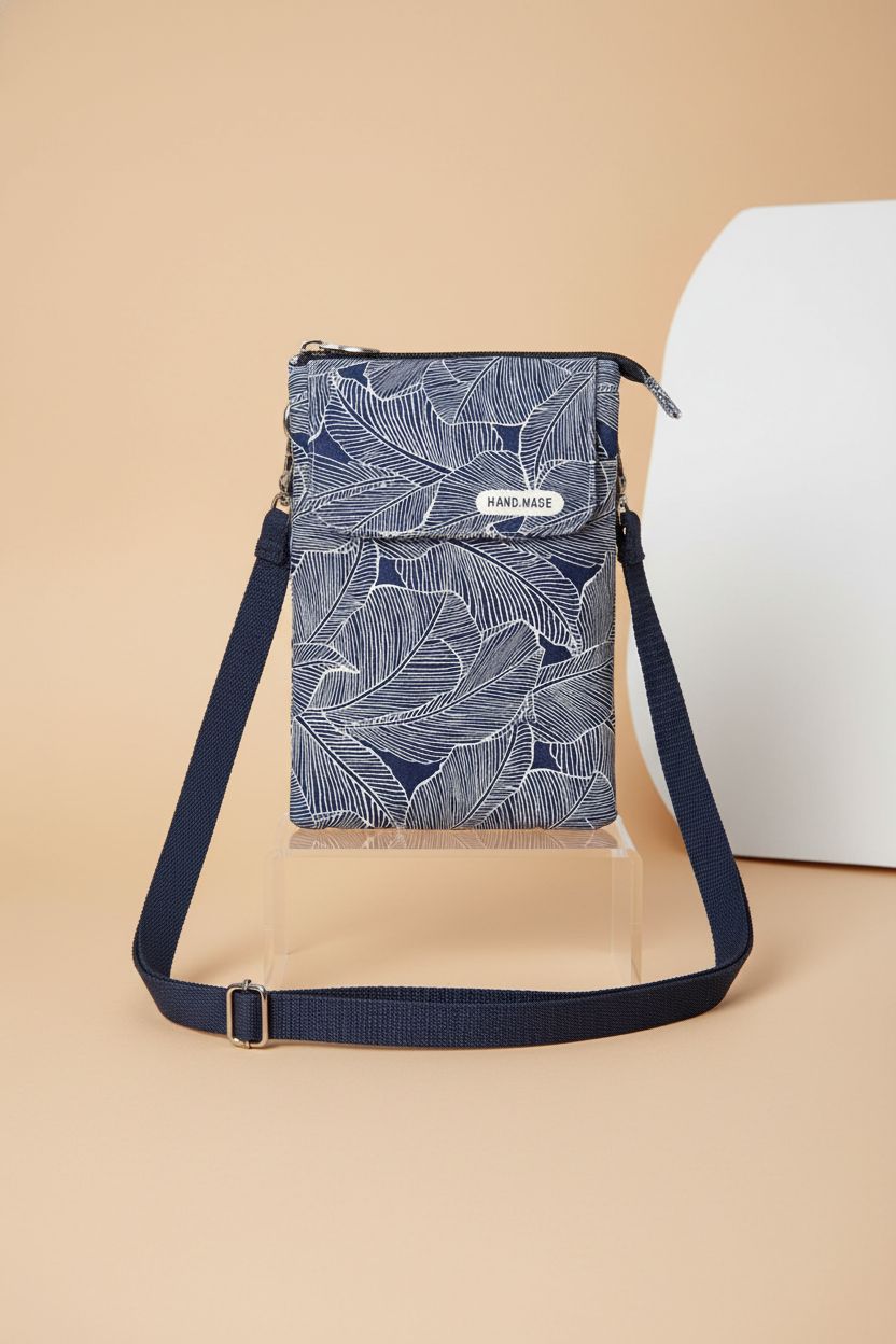 WITERY handmade fabric purse with navy leaf pattern on a minimalist backdrop.
