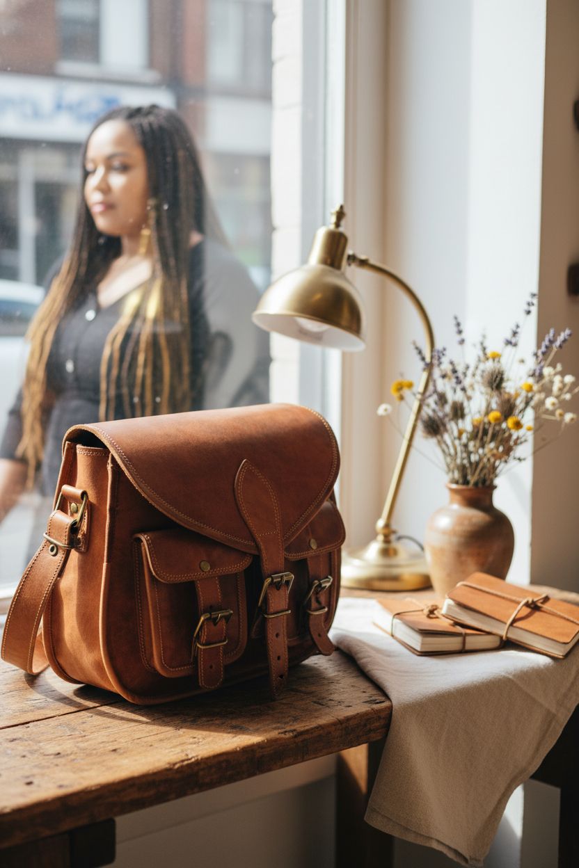 Firu-Handmade vintage brown leather crossbody bag on a wooden workbench, surrounded by craft materials and a cozy atmosphere.