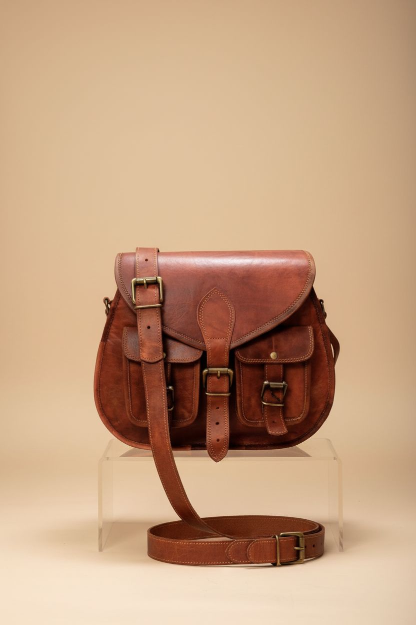 Firu-Handmade vintage brown leather crossbody bag displayed on a seamless backdrop, showcasing detailed craftsmanship and design.