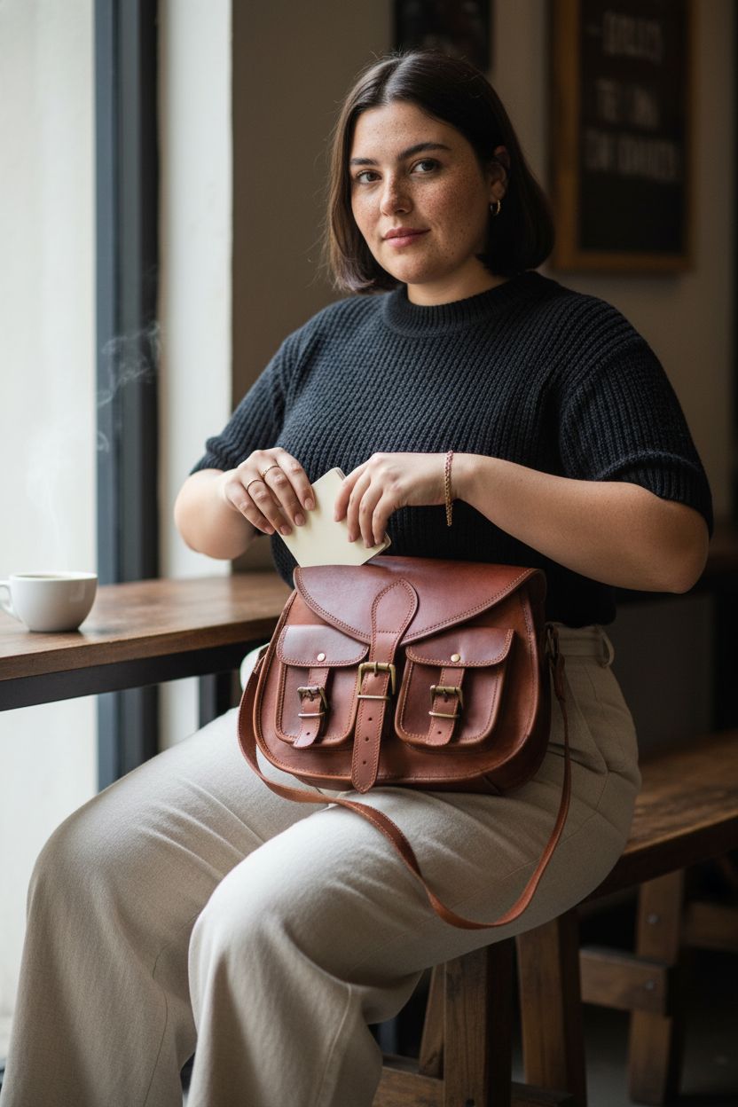 Firu-Handmade vintage brown leather crossbody bag on a café bench, showcasing its stylish design and functionality.