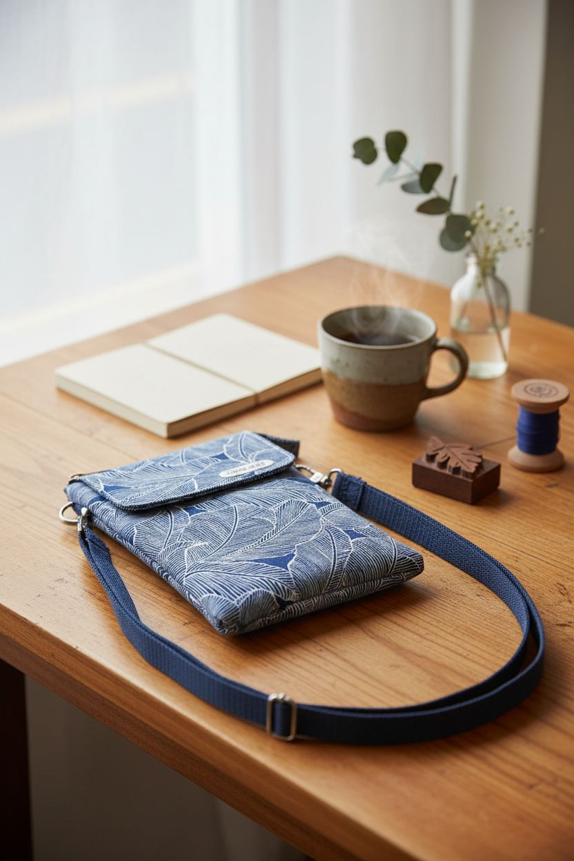 WITERY canvas phone purse on a cozy artisan table with decorative items.