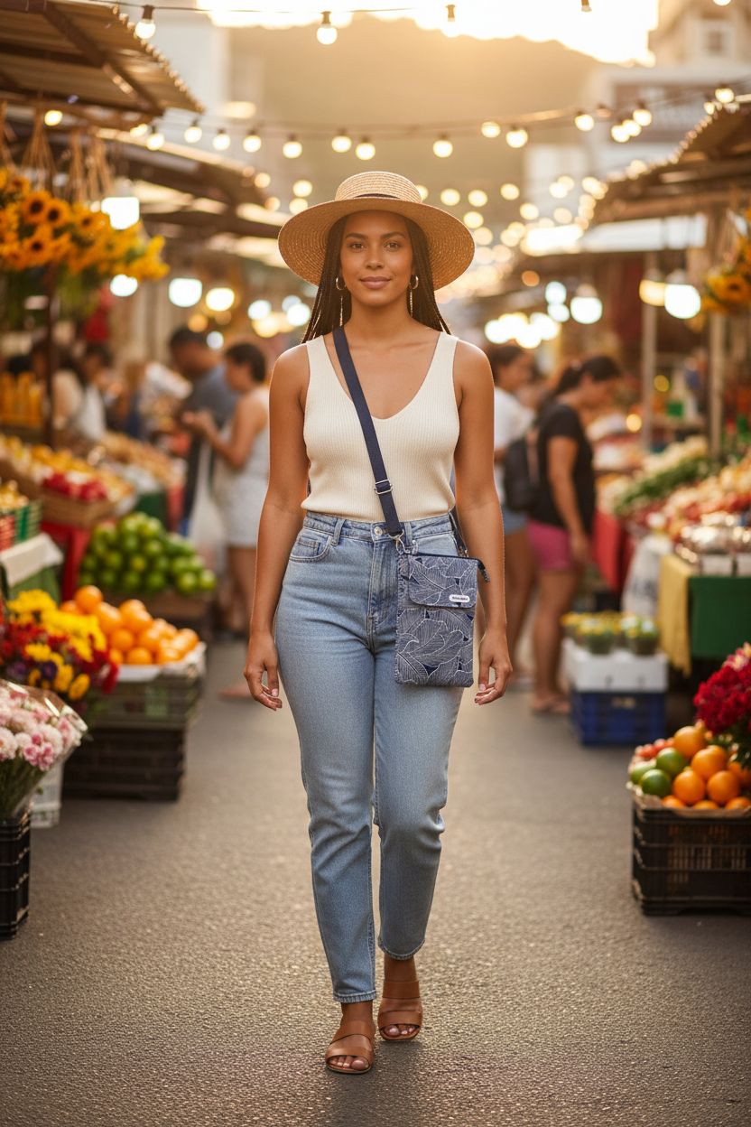 WITERY small leaf-pattern canvas phone purse at a vibrant market setting.
