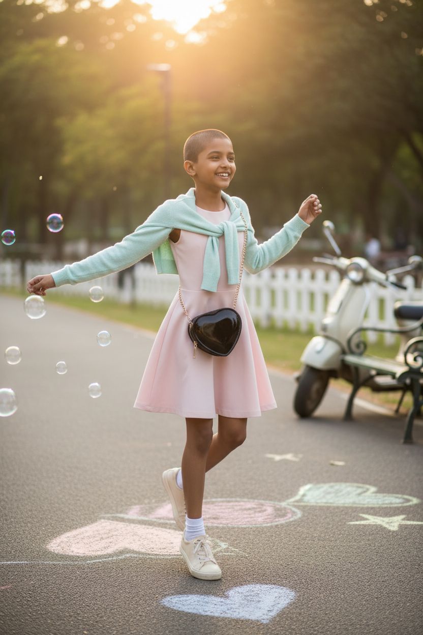 Canpto heart-shaped black crossbody bag on a pastel dress in a sunny park setting.