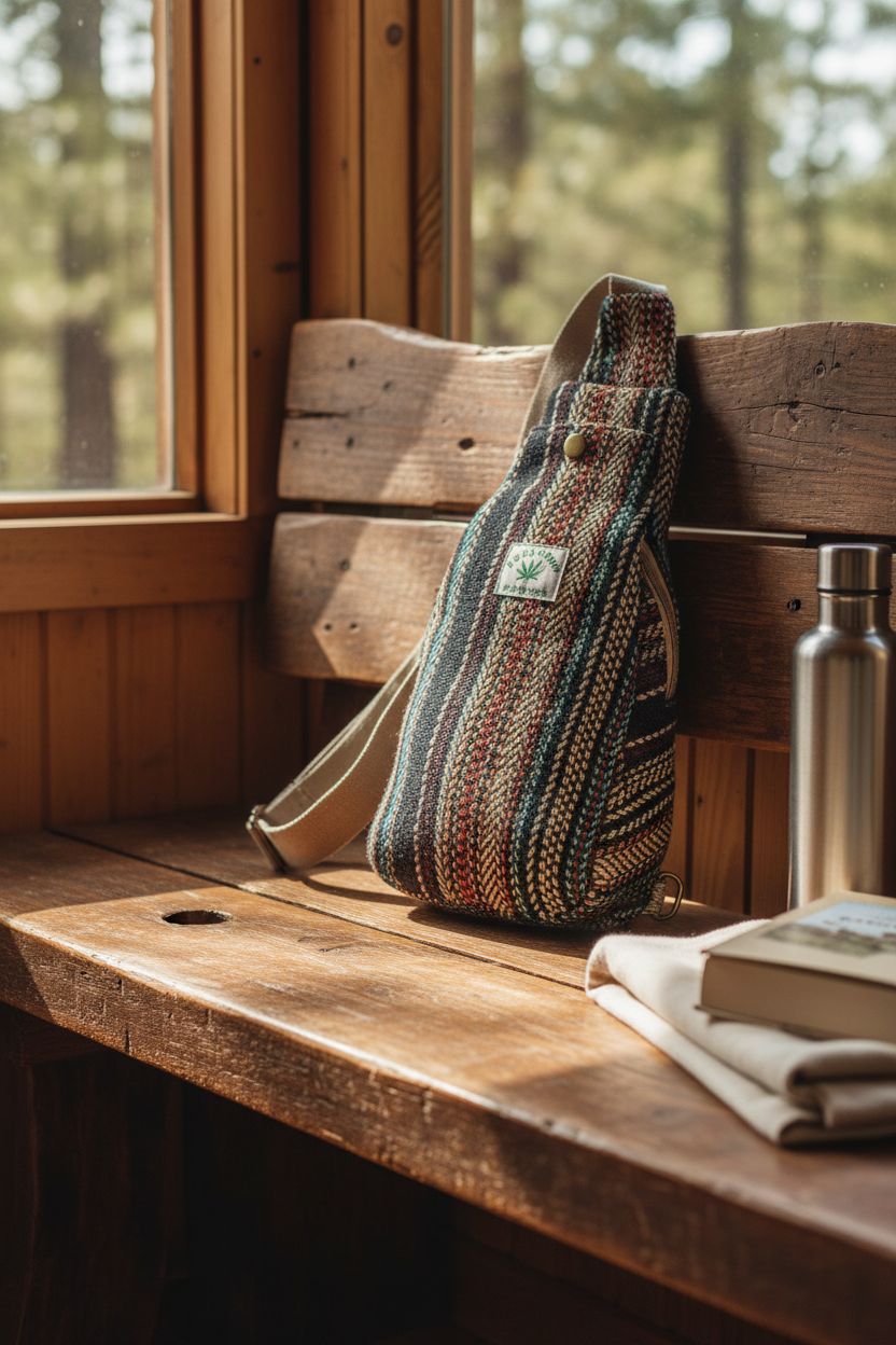 LONGING TO BUY hemp sling bag resting on a cozy cabin bench with book