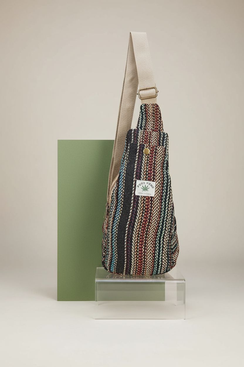 LONGING TO BUY hemp sling backpack showcased on a studio set