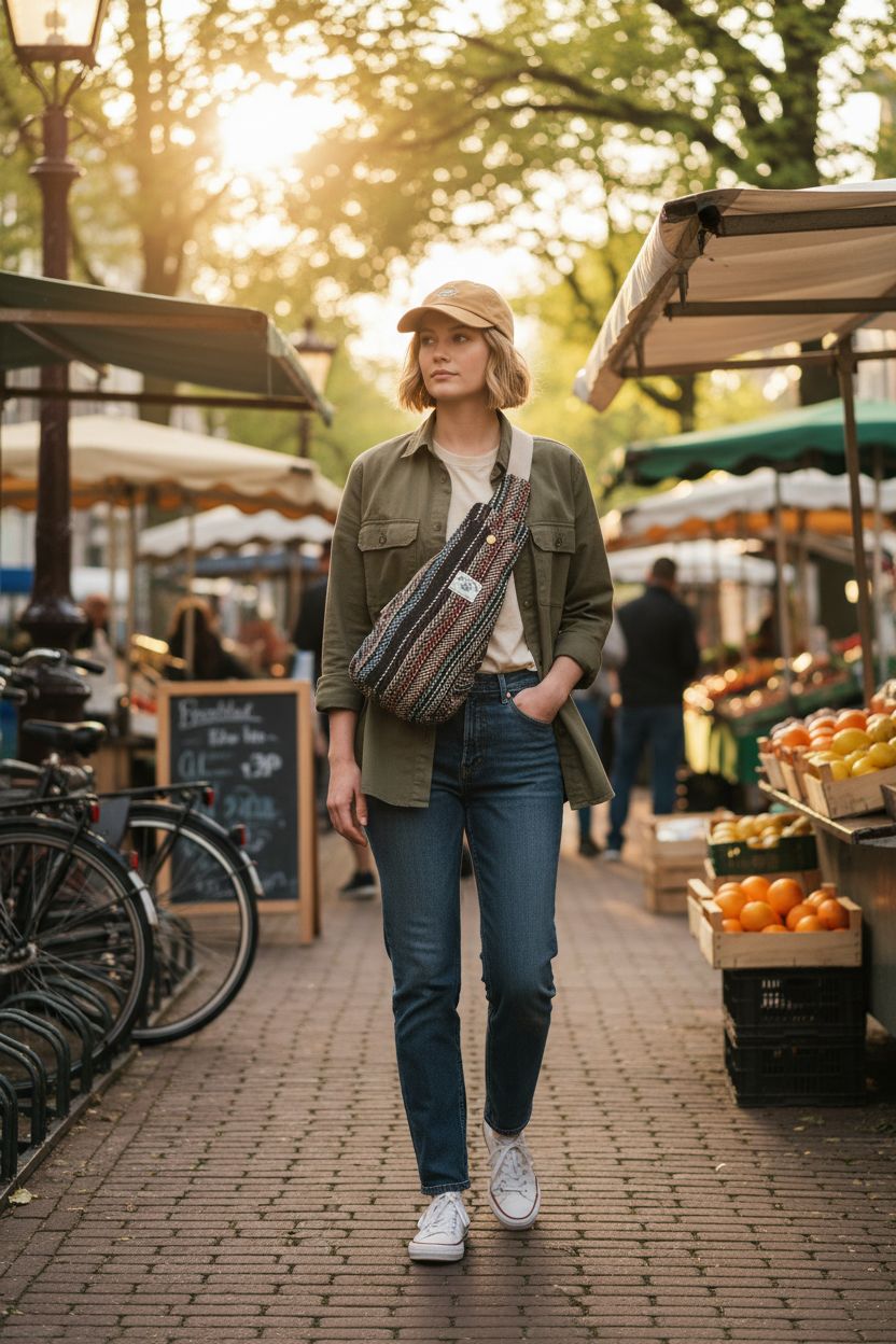 LONGING TO BUY hemp cross-body bag at a vibrant weekend market