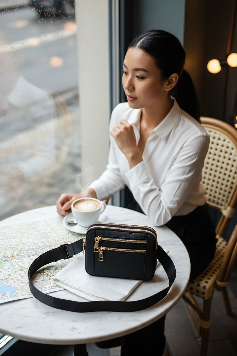 Capolo black bag on a café table, perfect for travel and leisure moments