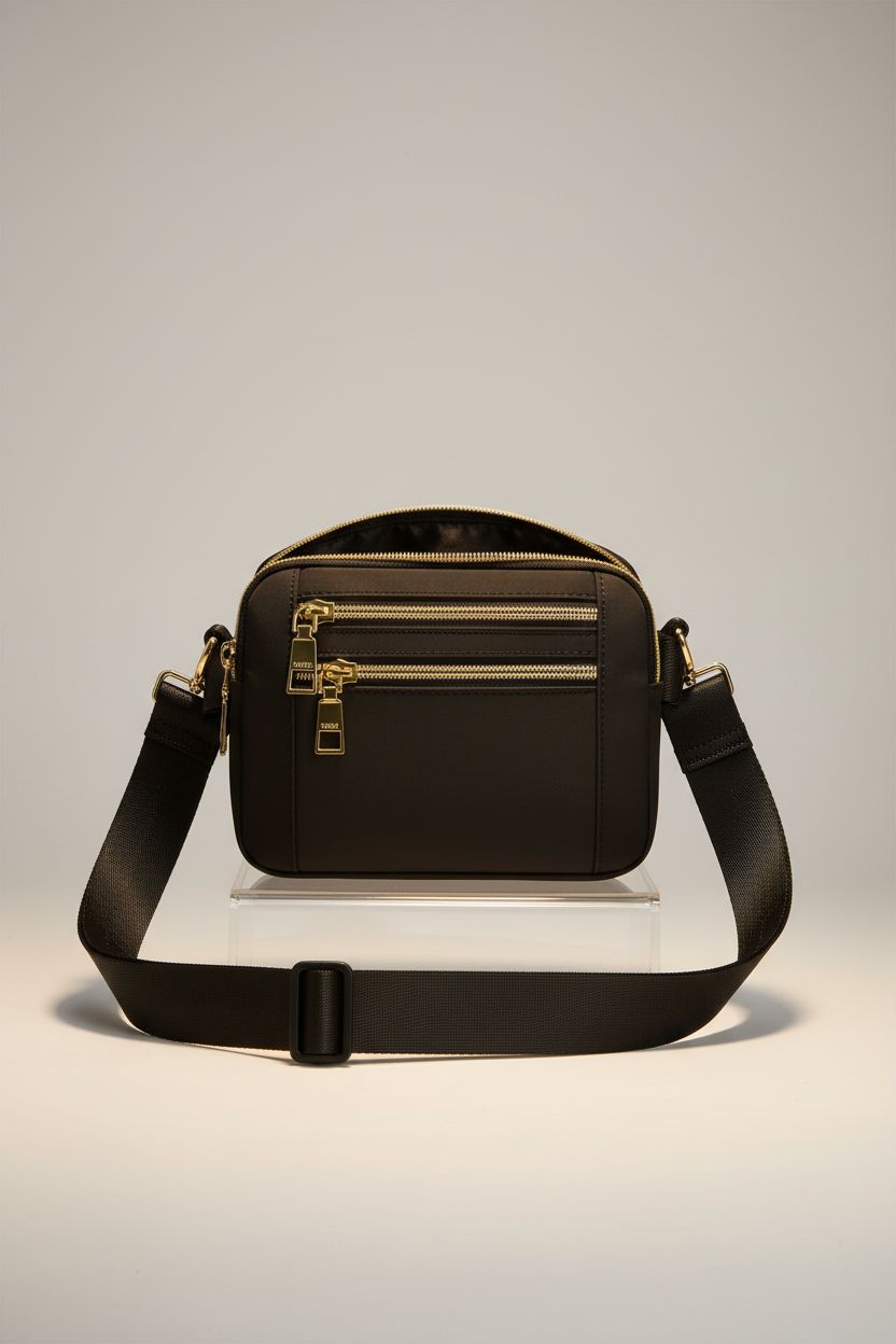 Capolo black fanny pack showcasing zipper pockets and adjustable strap in studio
