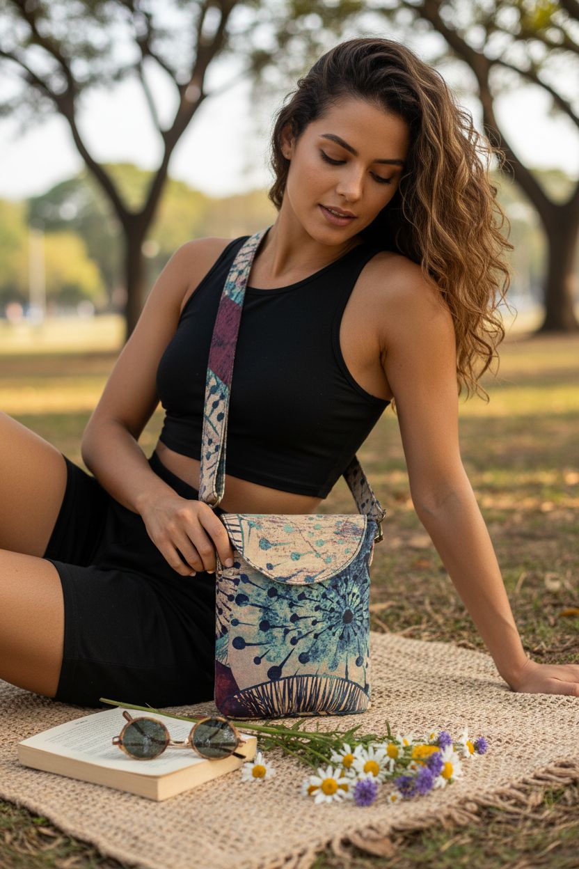 OPQRSTU hippie bag resting on a blanket among wildflowers and sunglasses, relaxed setting.