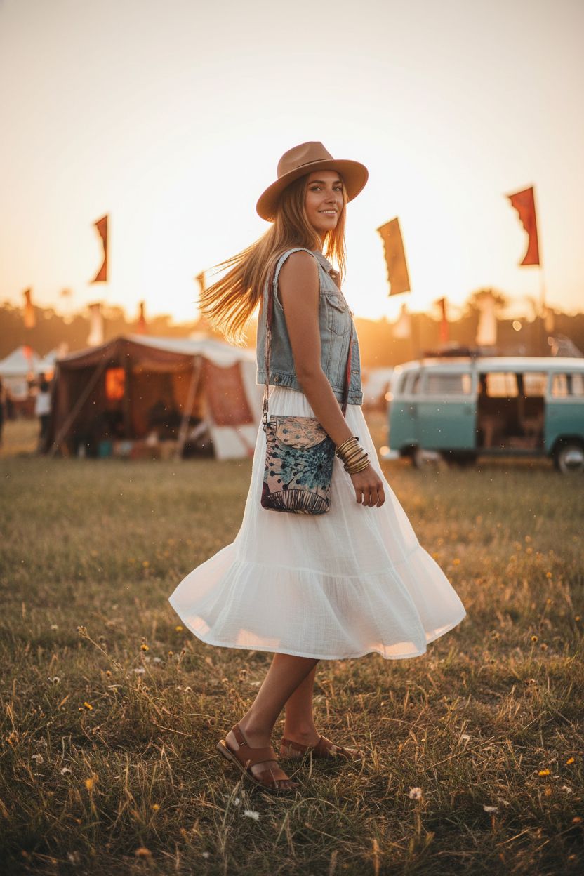 OPQRSTU khaki canvas hippie bag at a sunset festival, vibrant print on display.