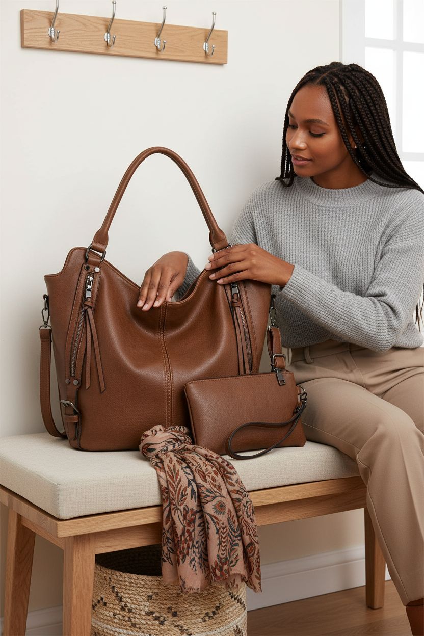 Elegant Realer hobo bag set on a cozy bench, showcasing its PU leather texture and stylish design.