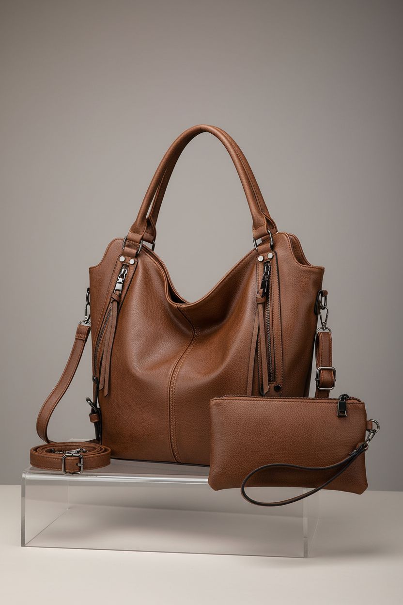Product shot of Realer hobo bag highlighting its design, with detachable strap and tassel zipper.