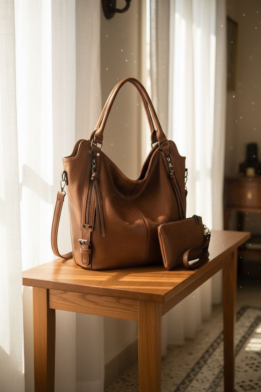 Realer hobo bag showcased in sunlit entryway, highlighting PU leather grain and stylish tassel hardware.