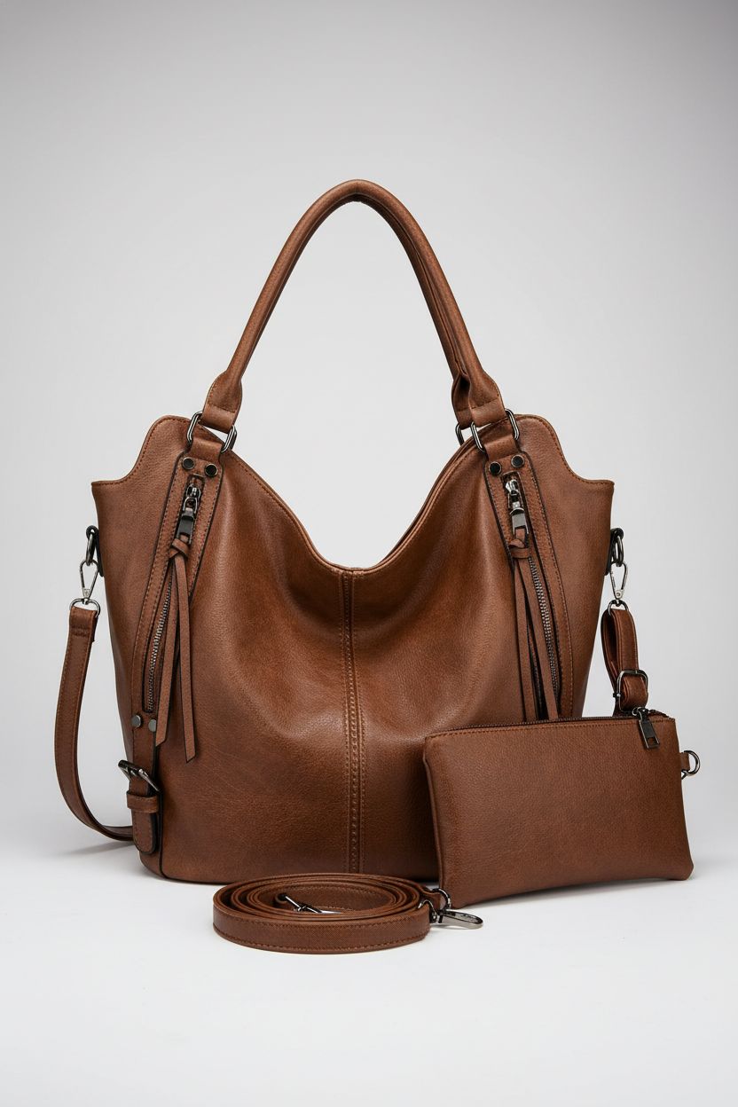Front view of Realer hobo handbag, featuring detachable clutch and detailed stitching on light gray background.
