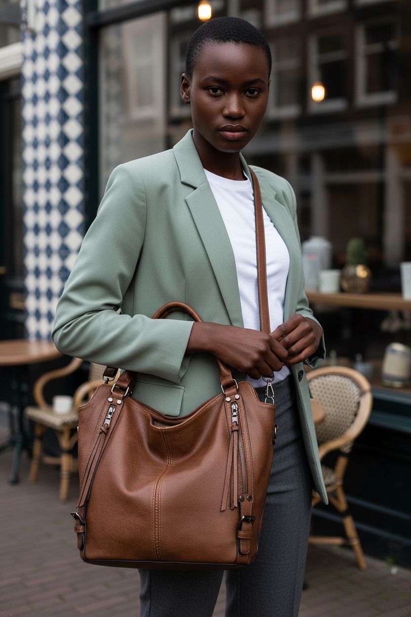 Realer hobo handbag in warm brown leather with tassel pockets, styled with sage blazer and charcoal trousers.