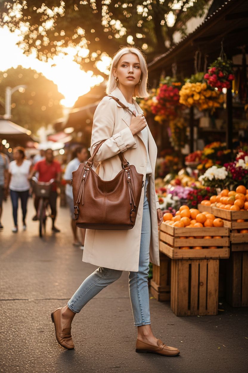 Rich brown PU leather hobo bag elegantly displayed against a cream trench and light-wash jeans in a market setting.
